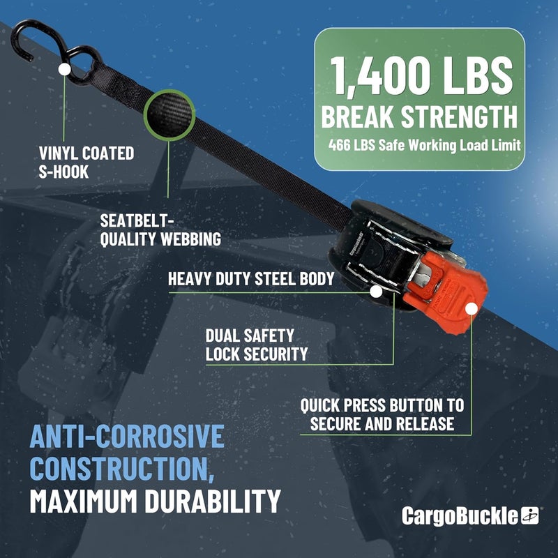 CargoBuckle Mini G3 Retractable Ratchet Straps, 1400 lbs Break Strength, 1-Inch Width X 6 ft Reach, Self Retracting Ratchet Straps for Trailers, Toy Haulers, ATVs, and Motorcycles - 2 Pack - Image 4